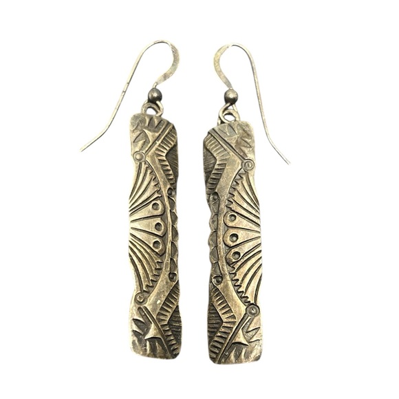 Navajo G Ramone sterling silver tribal design stamped long dangle earrings